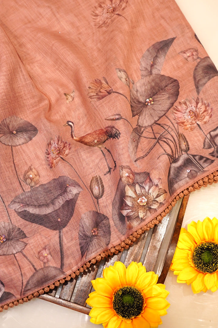 Peach Kota Cotton Zari Woven Pichwai Saree