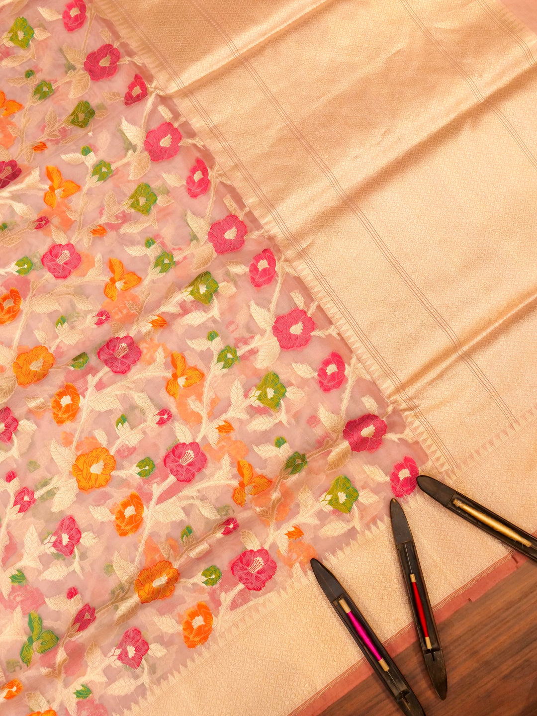 Banarasi Handloom Peachy Pink  Kora Tissue Meenakari Saree