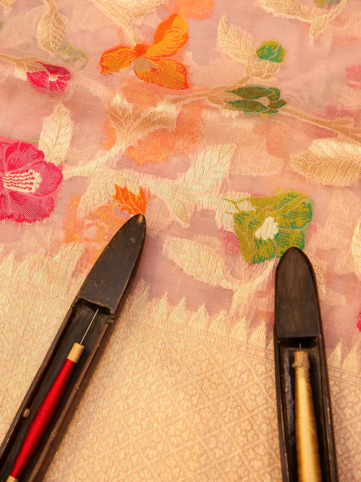 Banarasi Handloom Peachy Pink  Kora Tissue Meenakari Saree