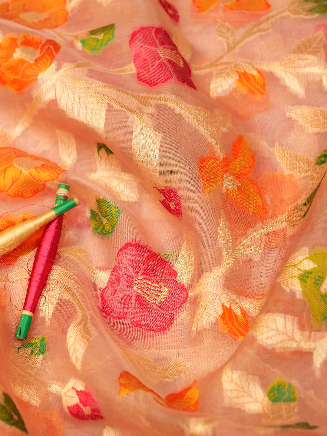 Banarasi Handloom Peachy Pink  Kora Tissue Meenakari Saree