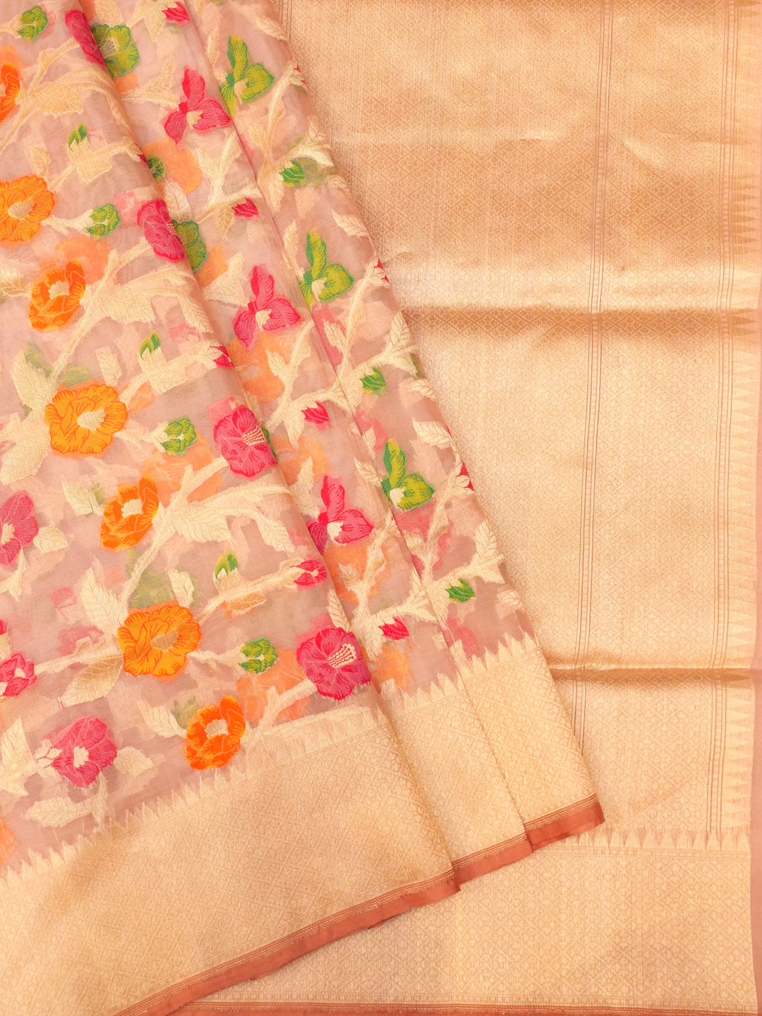 Banarasi Handloom Peachy Pink  Kora Tissue Meenakari Saree