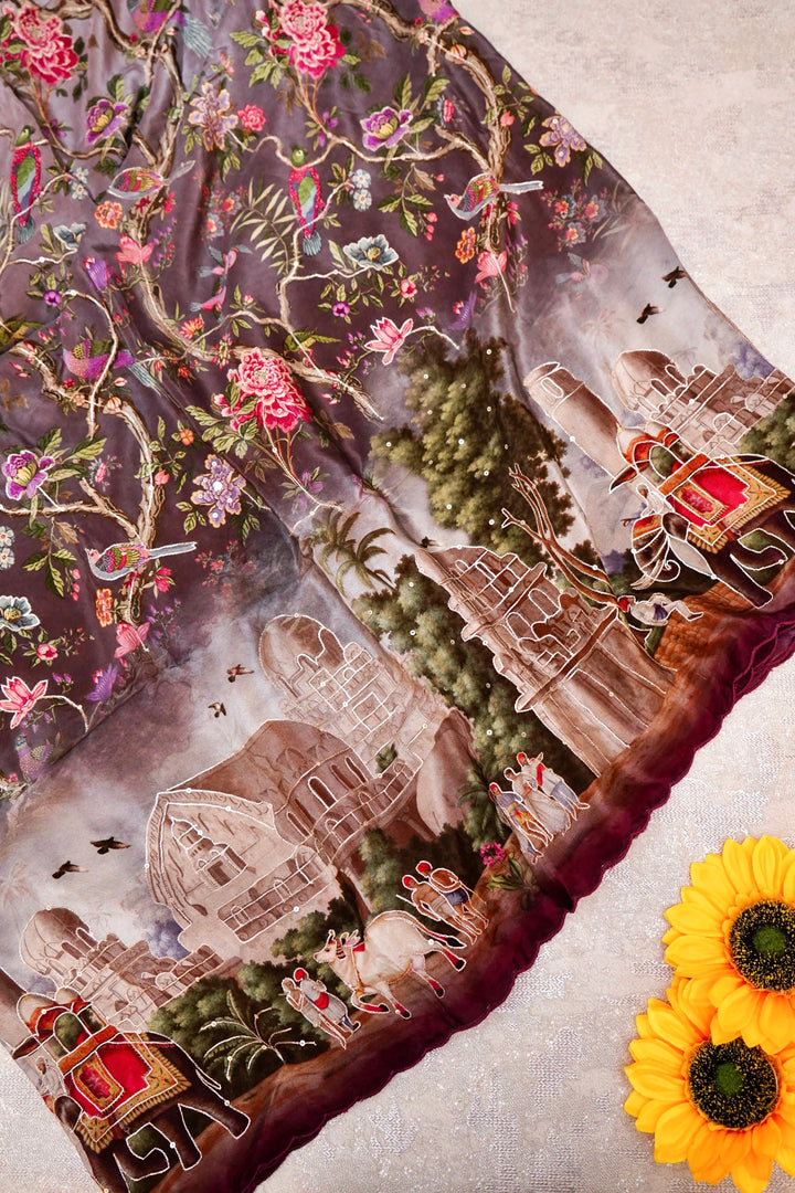 Mauve Crepe Silk Saree with Handcrafted-Look Figure Print – Soft, Contemporary Ethnic Style