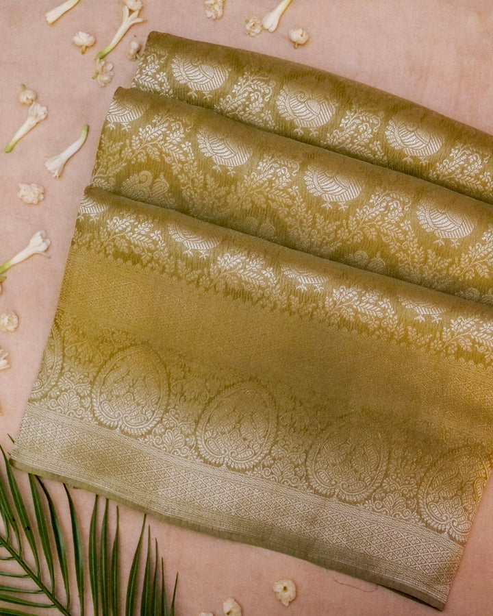Banarasi Olive Green Crepe Silk Saree with Zari Weave Bird Motif