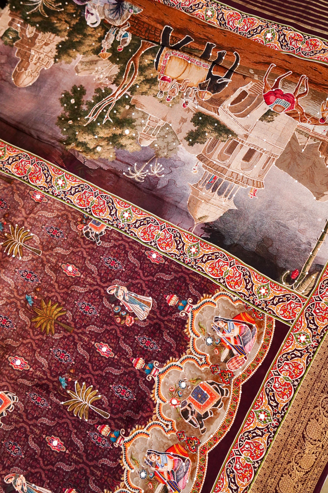 Stylish Coffee Brown Printed Crepe Silk Saree with Abstract Figure Motif – Luxe Ethnic Drape for Women