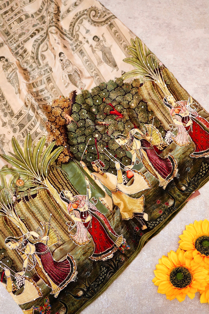 Beige Printed Crepe Silk Saree with Unique Abstract Motifs – Lightweight Drape for Any Occasion