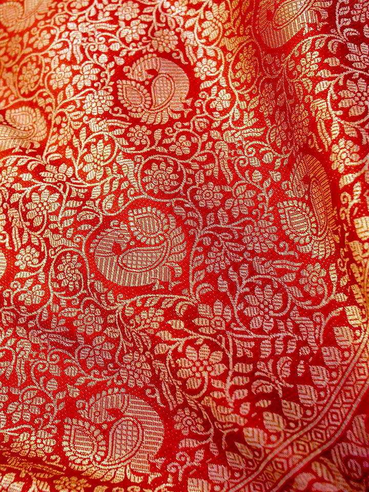 Banarasi Bridal Red Crepe Silk Saree with Zari Weave Bird Motif