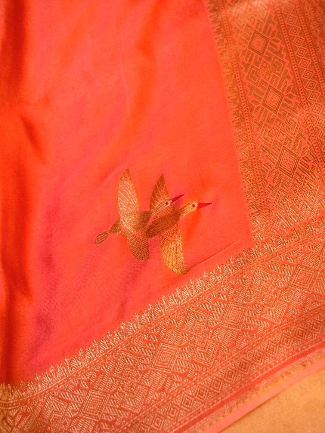 Banarasi Peach Mashru Silk Saree with Zari Weave Bird Motif