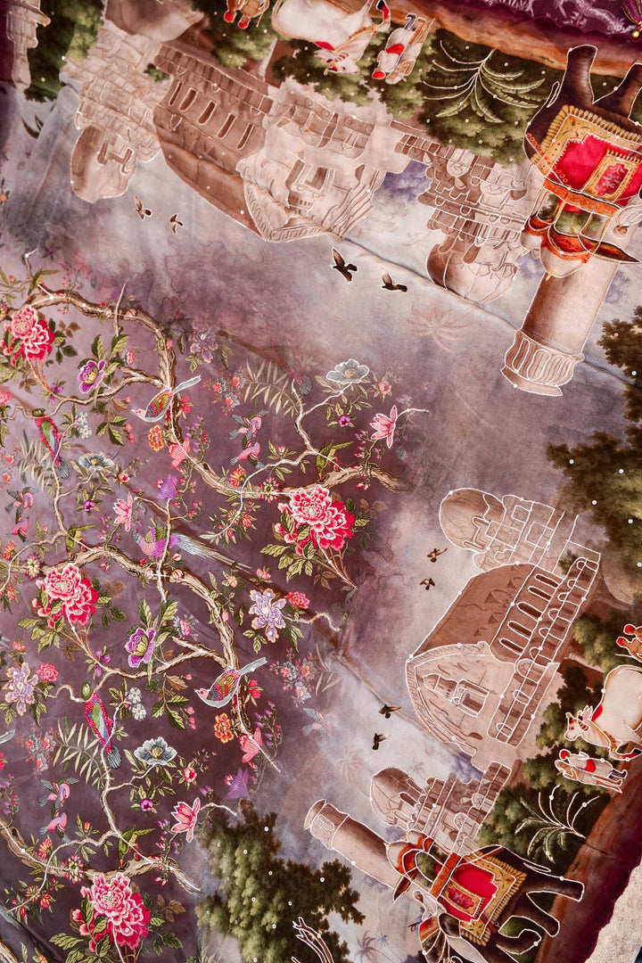 Mauve Crepe Silk Saree with Handcrafted-Look Figure Print – Soft, Contemporary Ethnic Style