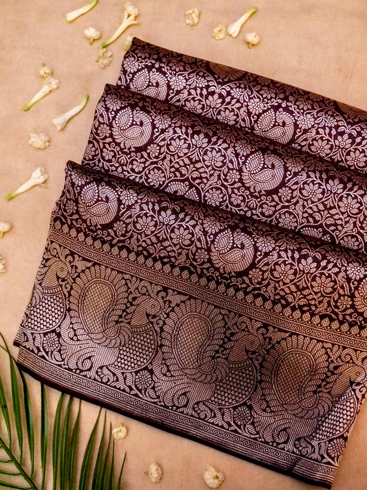 Banarasi Dark Purple Crepe Silk Saree with Zari Weave Bird Motif