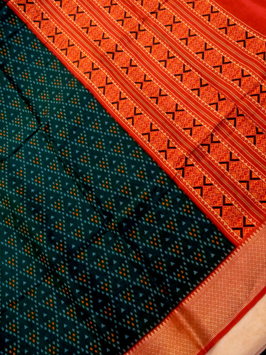 Teal Blue Crepe Silk Saree with Geometric Prints and Regal Zari Weave Accents