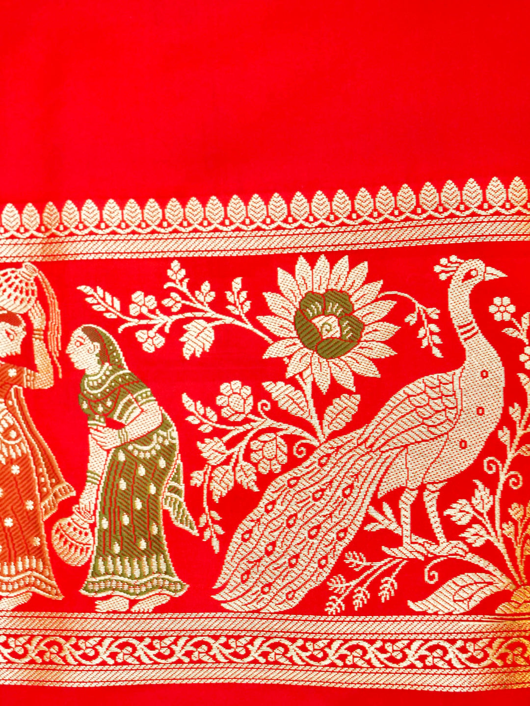 Vermilion Red Banarasi Pure Satin Silk Saree with Heavy Zari Work