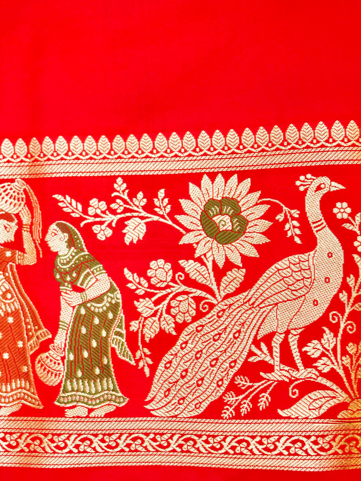 Vermilion Red Banarasi Pure Satin Silk Saree with Heavy Zari Work
