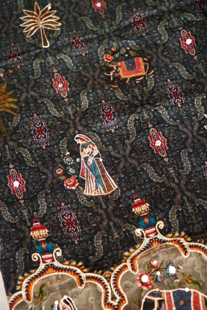 Teal Green Crepe Silk Saree with Statement Figure Motifs