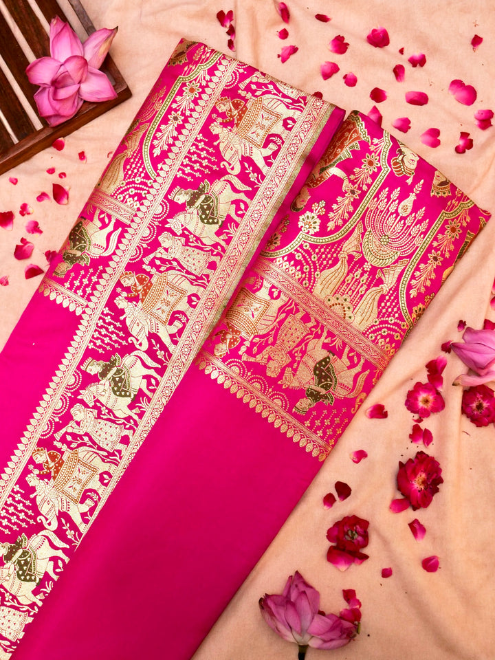 Royal Pink Banarasi Pure Satin Silk Saree with Heavy Zari Work