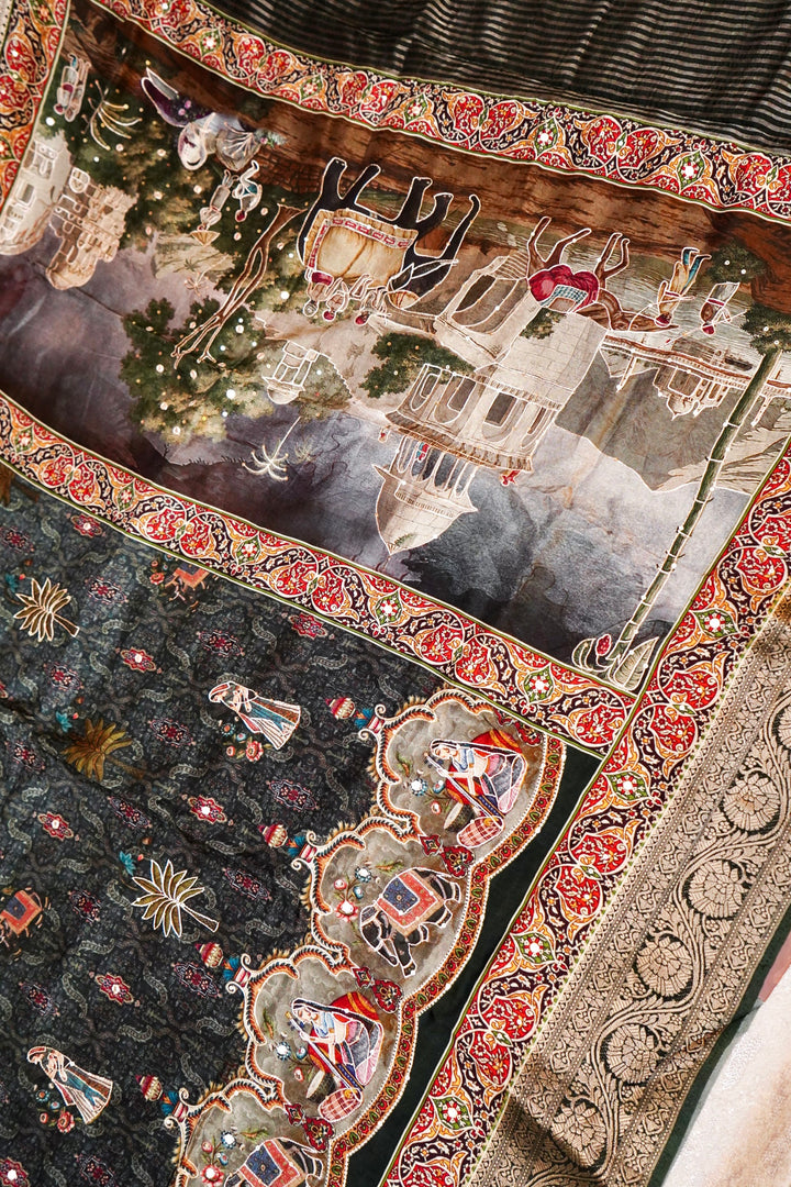 Teal Green Crepe Silk Saree with Statement Figure Motifs