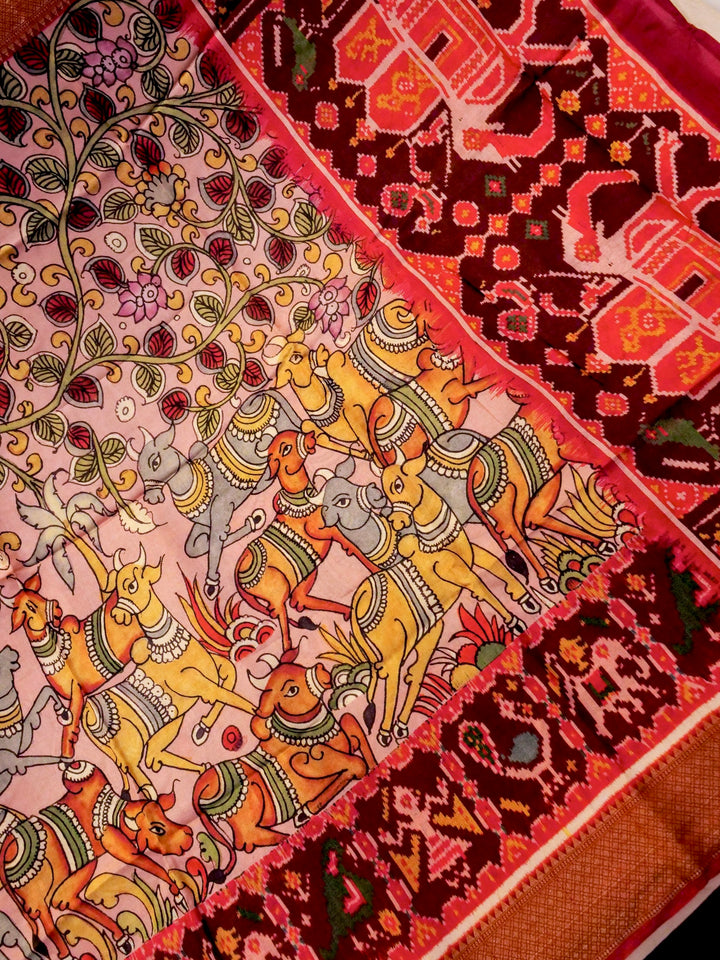 Pink Crepe Silk Saree with Animal Motif and Floral Print, Zari Border & Pallu