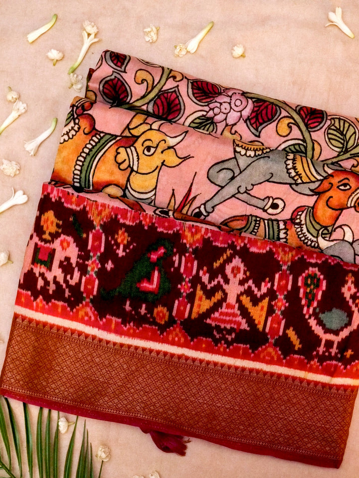 Pink Crepe Silk Saree with Animal Motif and Floral Print, Zari Border & Pallu