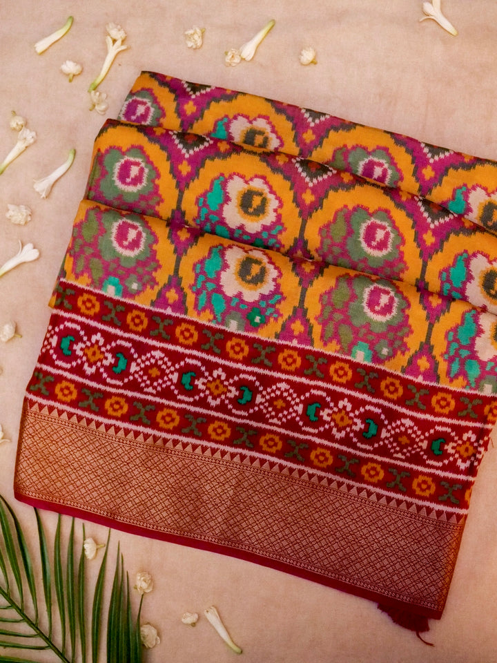 Pink Crepe Silk Saree with Multicolor Printed Design and Zari Border & Pallu