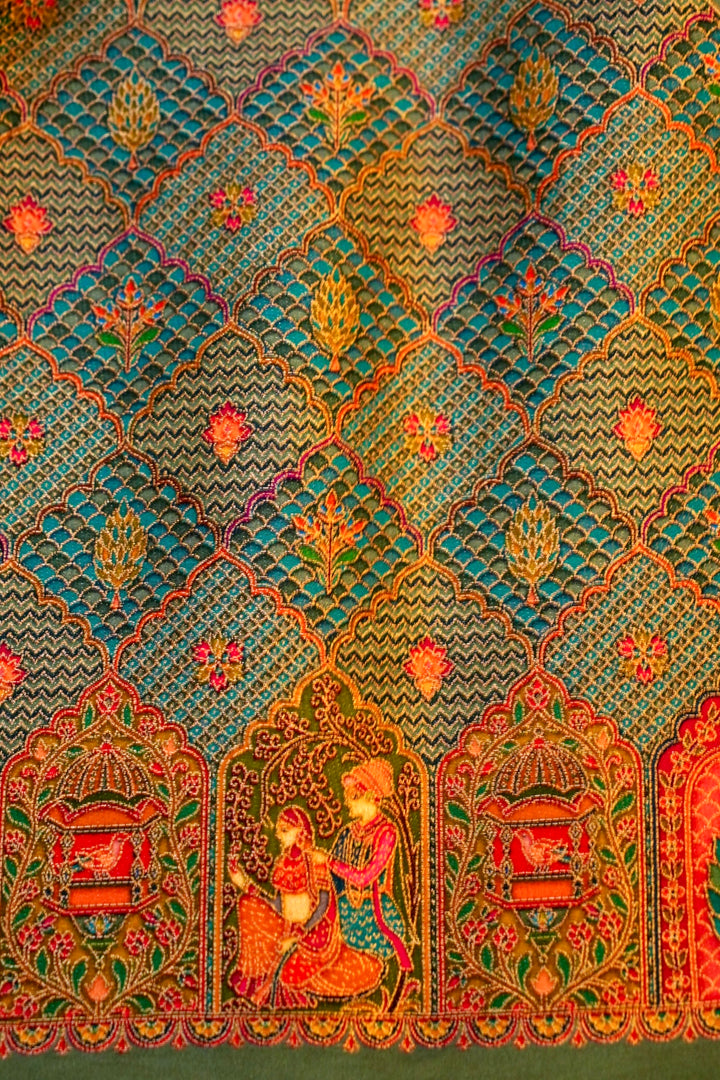 Meadow Mist Sage Green Crepe Silk Saree with Resham Woven Meenakari Pallu and Border