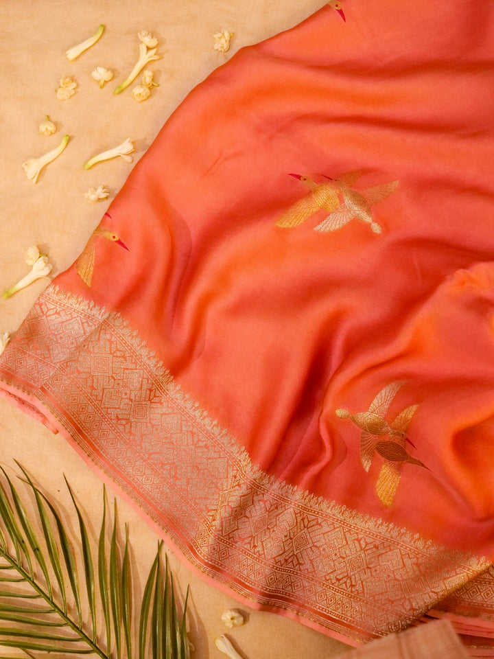 Banarasi Peach Mashru Silk Saree with Zari Weave Bird Motif