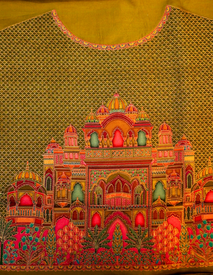 Amber Aura Mustard Crepe Silk Saree with Resham Woven Meenakari Pallu and Border