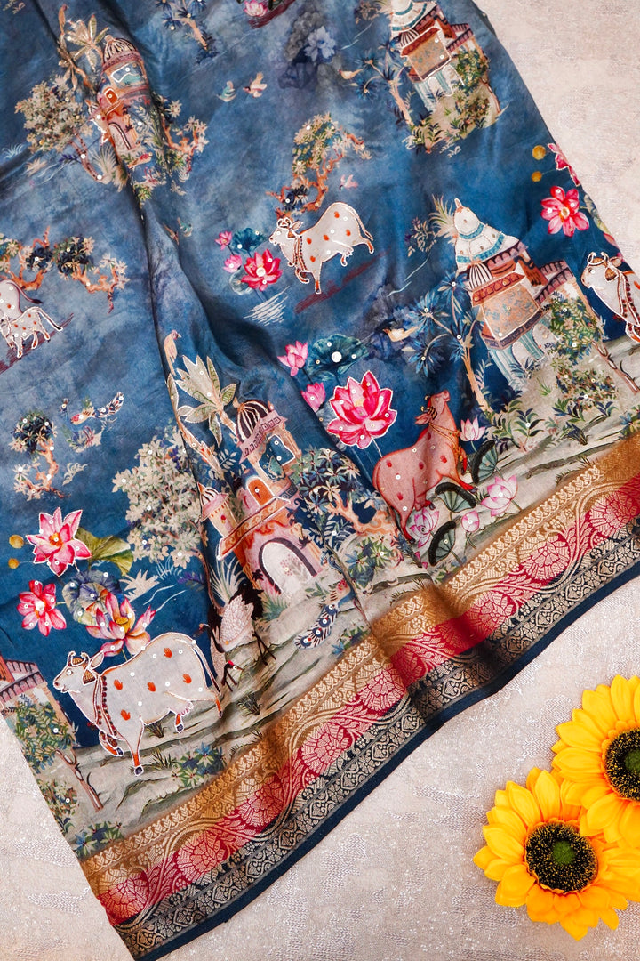 Soft Sky Blue Printed Crepe Silk Saree Featuring Artistic Figure Designs