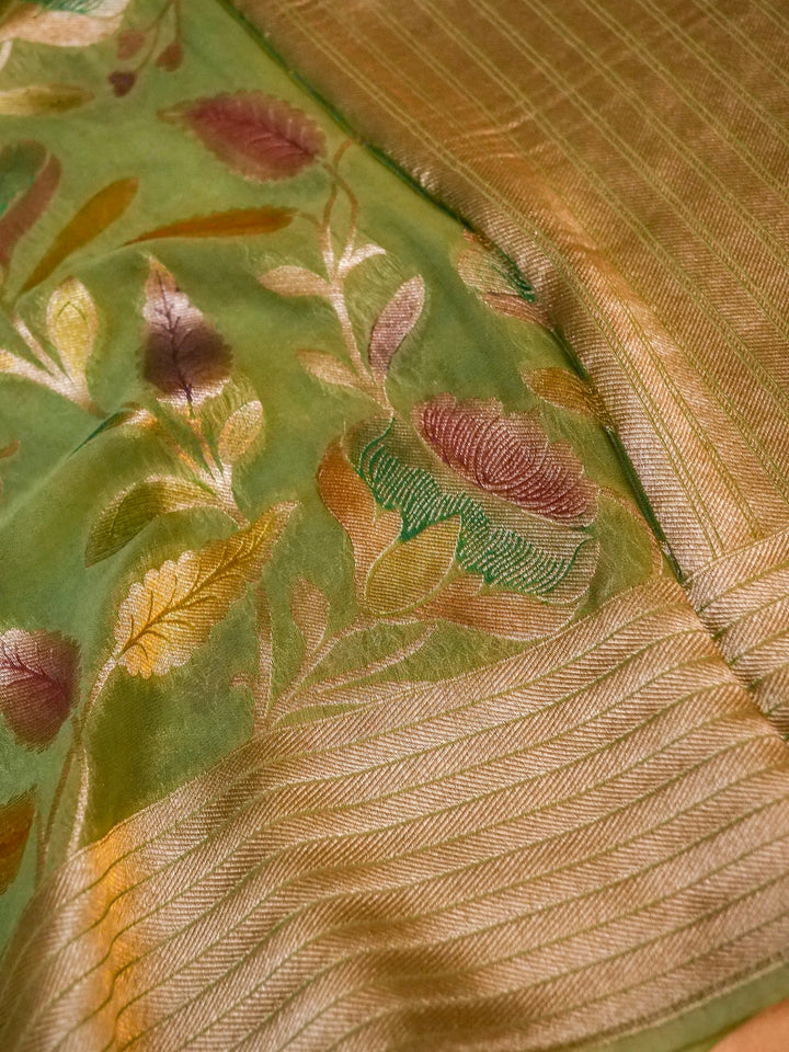 Banarasi Light Green Khaddi Georgette Saree with Handbrush Meena