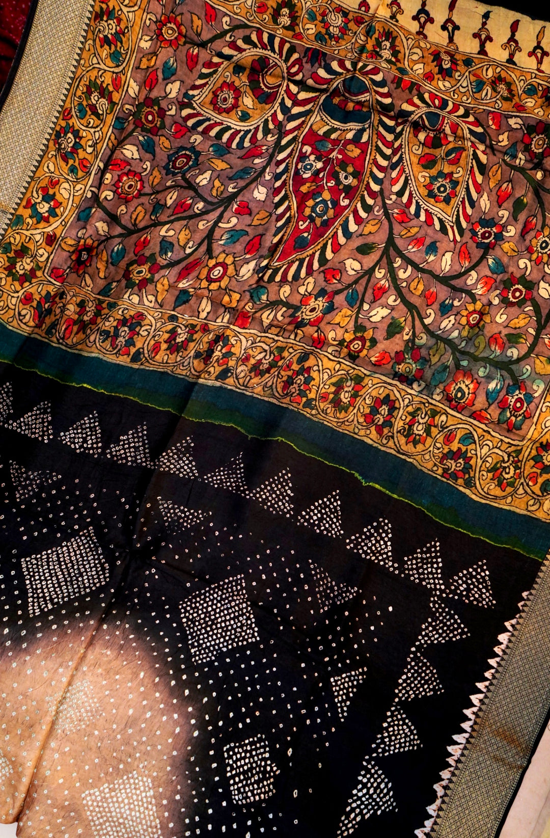 Classic Black Kalamkari and Bandhej Printed Silk Saree