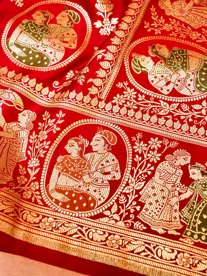 Scarlet Red Banarasi Pure Satin Silk Saree with Heavy Zari Work