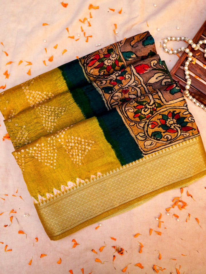 Radiant Mustard Kalamkari and Bandhej Printed Silk Saree