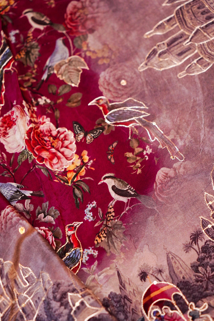 Vibrant Red Printed Crepe Silk Saree Featuring Abstract Figure Design