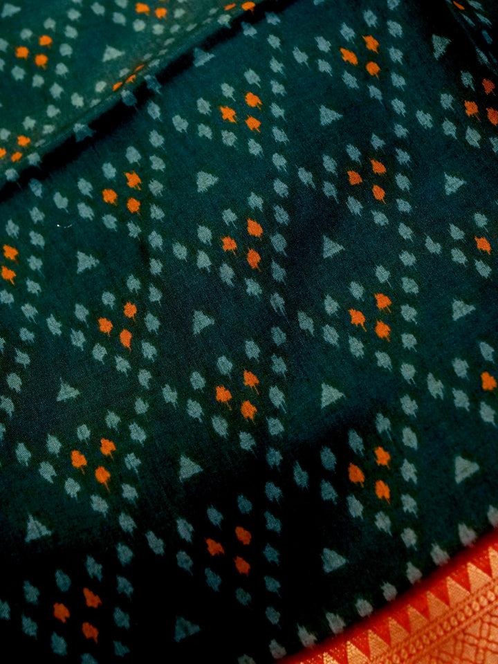 Teal Blue Crepe Silk Saree with Geometric Prints and Regal Zari Weave Accents