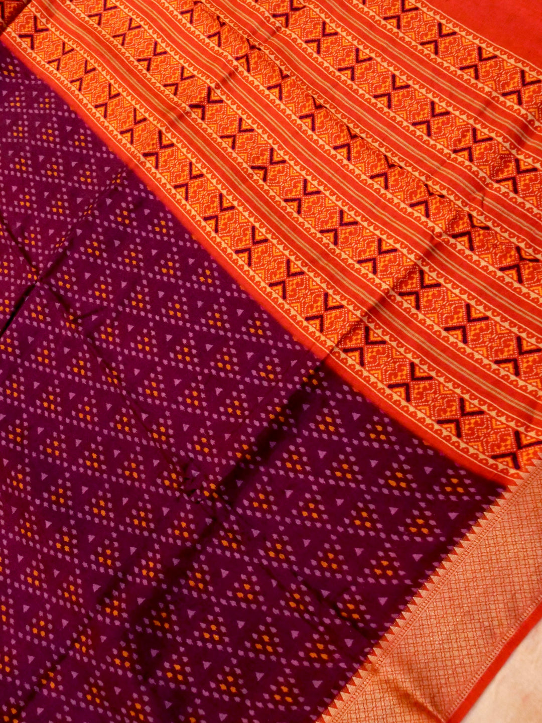 Wine Elegance Crepe Silk Saree with Geometric Prints and Zari Weave Accents