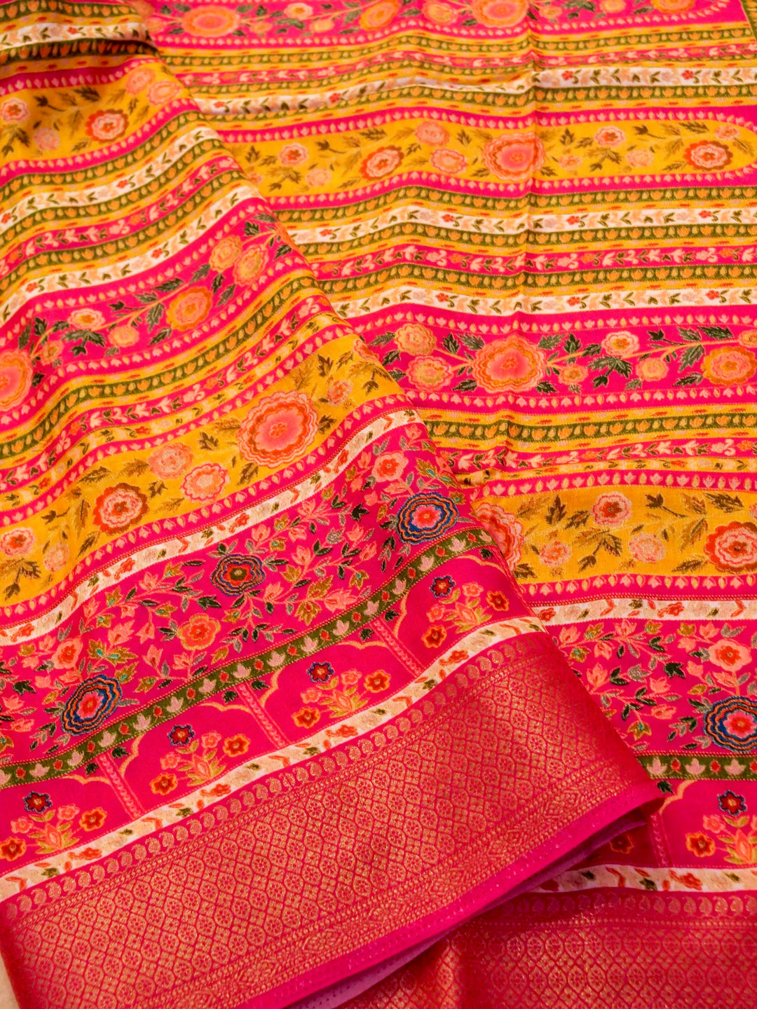 Pink Crepe Silk Saree with Multicolor Print, Zari Weave Border and Pallu