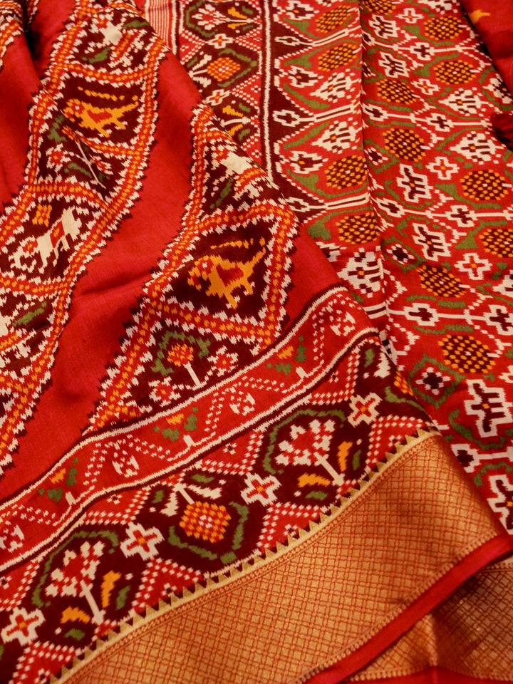 Red Crepe Silk Saree with Multicolor Print, Zari Border & Pallu