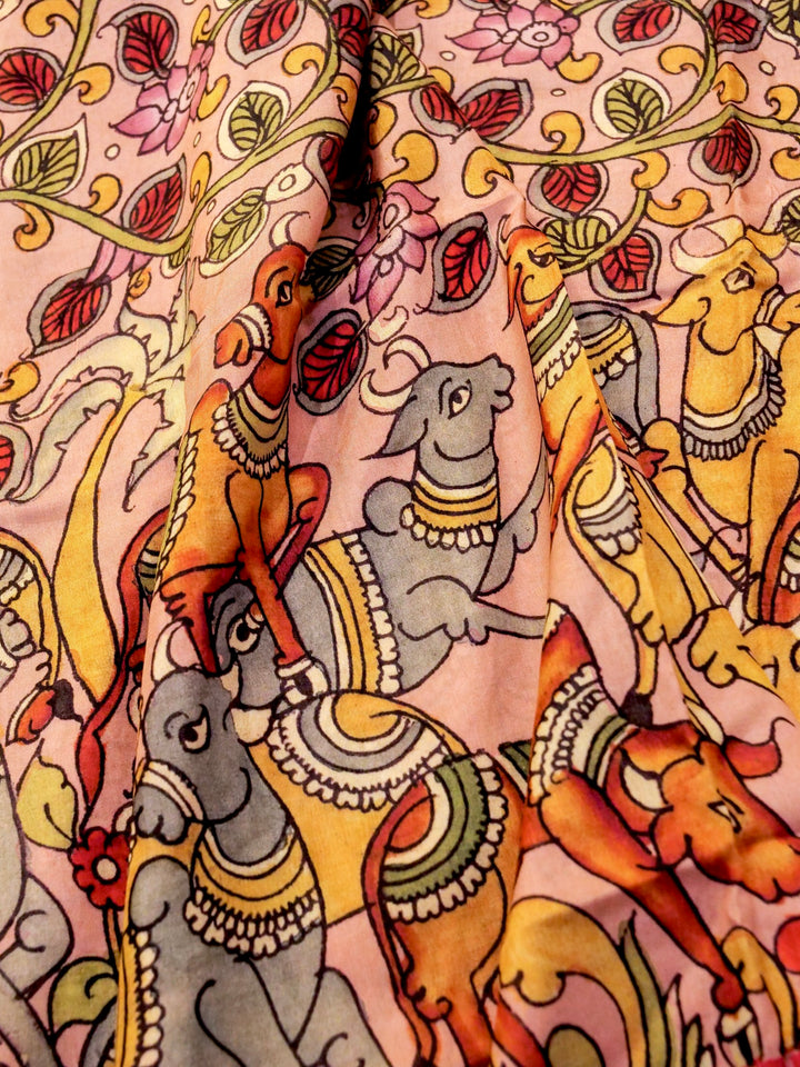 Pink Crepe Silk Saree with Animal Motif and Floral Print, Zari Border & Pallu