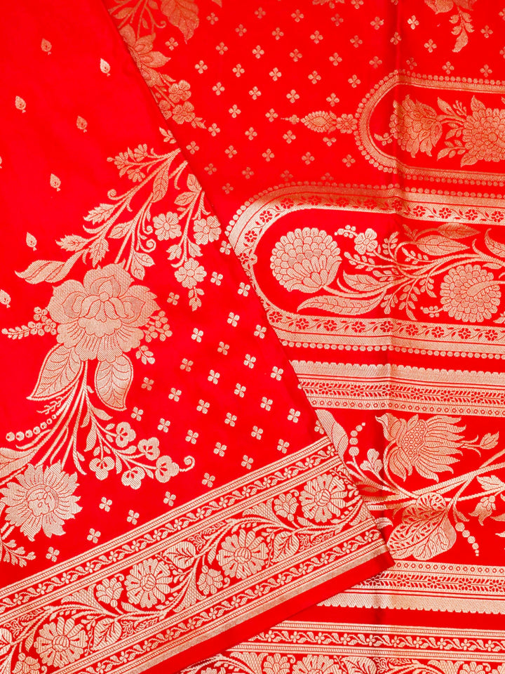 Crimson Red Banarasi Pure Satin Silk Saree with Heavy Zari Work