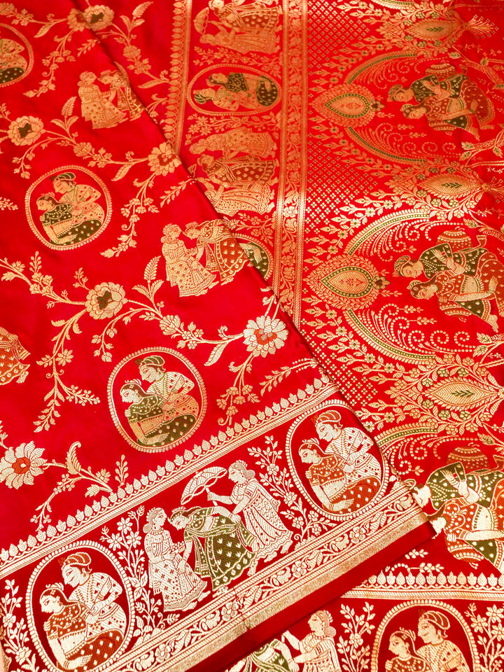 Scarlet Red Banarasi Pure Satin Silk Saree with Heavy Zari Work