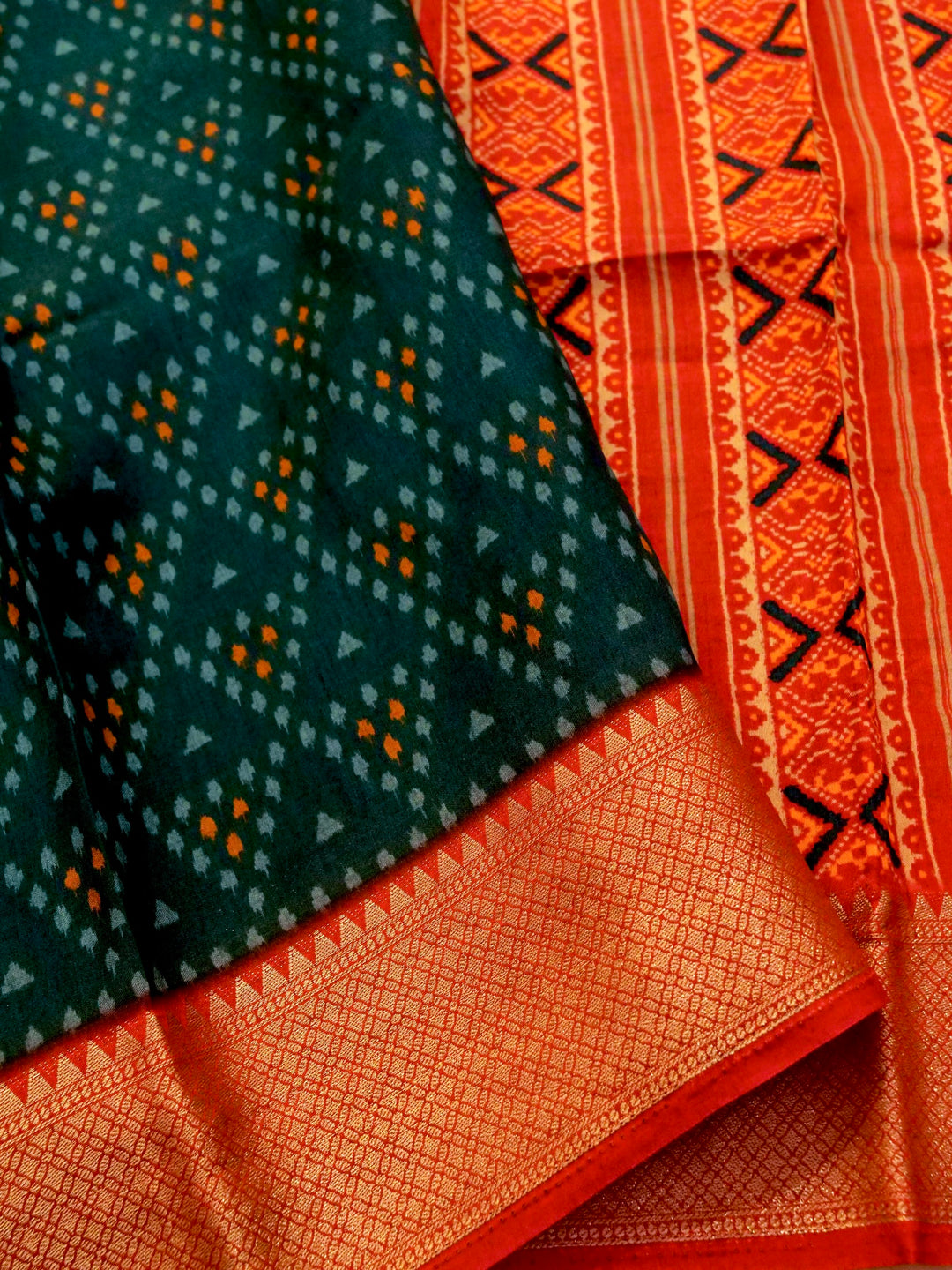 Teal Blue Crepe Silk Saree with Geometric Prints and Regal Zari Weave Accents