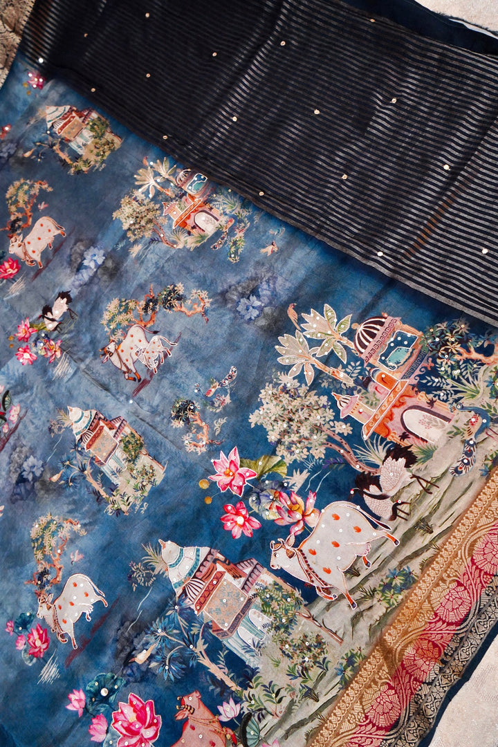 Soft Sky Blue Printed Crepe Silk Saree Featuring Artistic Figure Designs