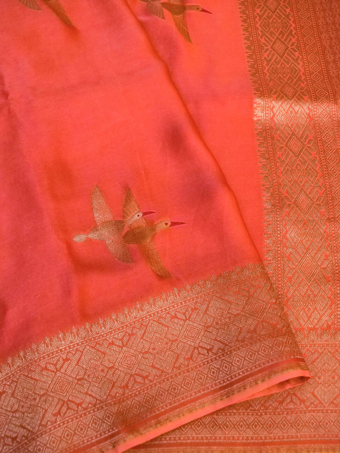 Banarasi Peach Mashru Silk Saree with Zari Weave Bird Motif