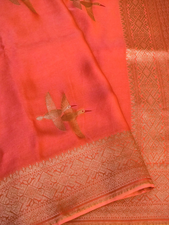 Banarasi Peach Mashru Silk Saree with Zari Weave Bird Motif
