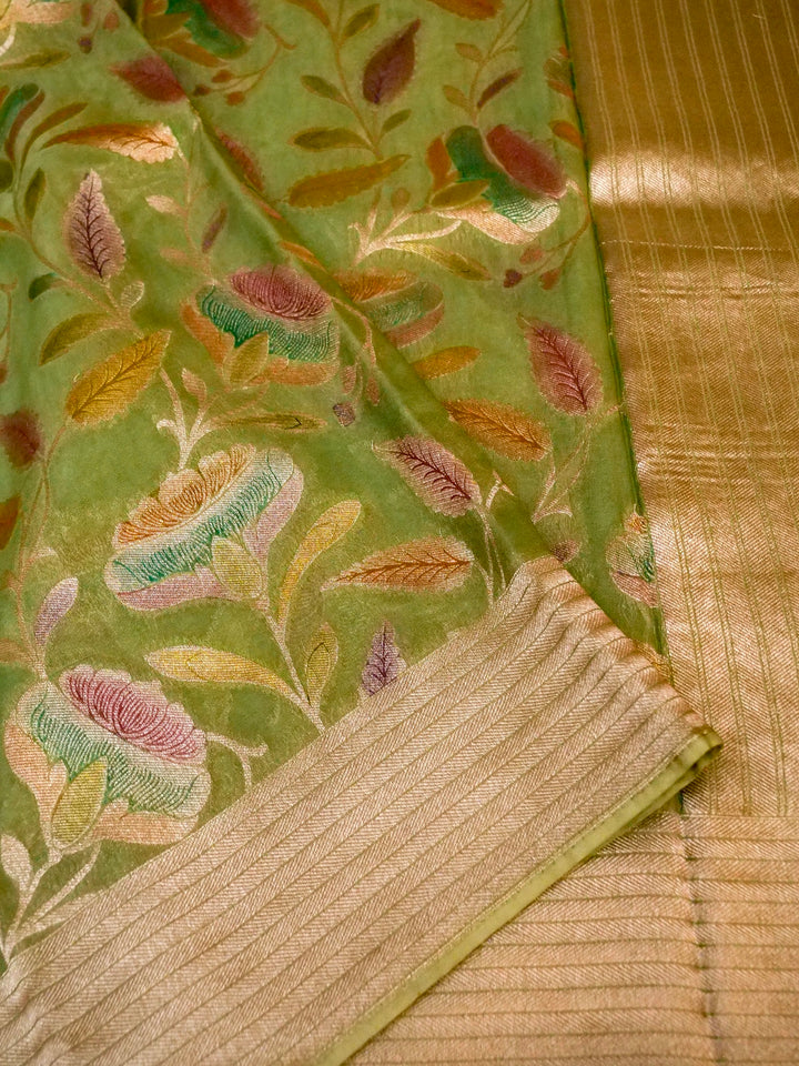 Banarasi Light Green Khaddi Georgette Saree with Handbrush Meena