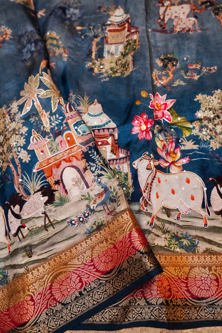 Soft Sky Blue Printed Crepe Silk Saree Featuring Artistic Figure Designs