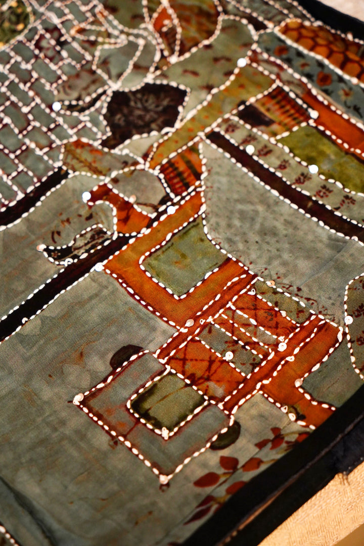 Art-Inspired Teal Blue Crepe Silk Saree – Soft Drape with Unique Figure Prints