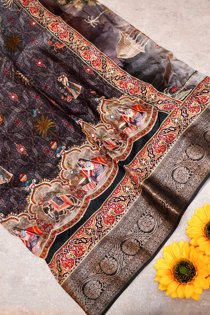 Striking Black Crepe Silk Saree with Handcrafted Style Figure Motifs