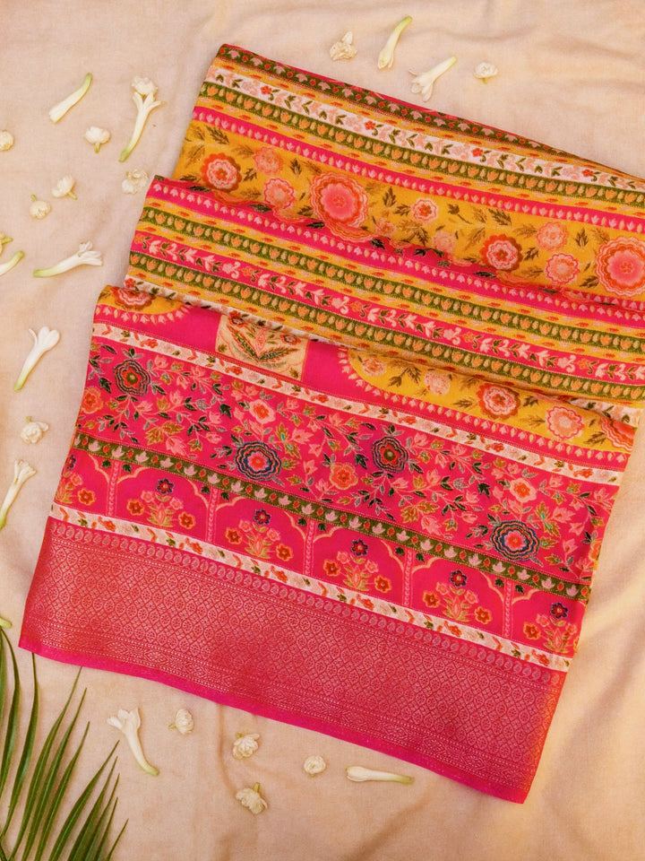 Pink Crepe Silk Saree with Multicolor Print, Zari Weave Border and Pallu