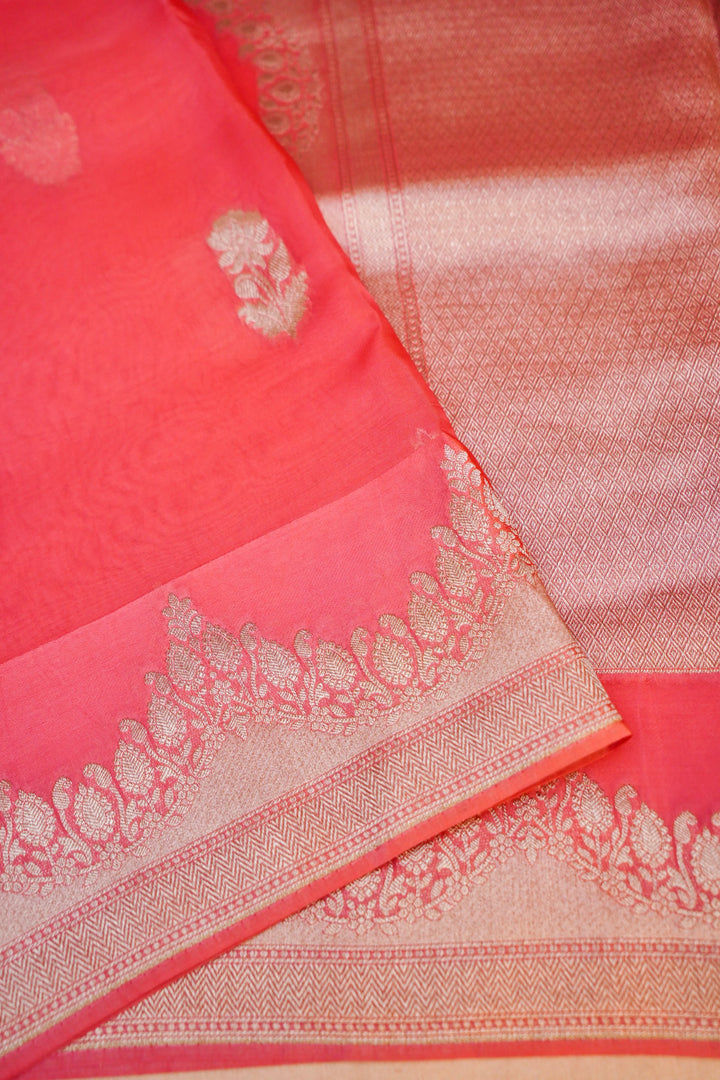 Peach Banarasi Kora Silk Saree with Zari Woven Laheriya Border