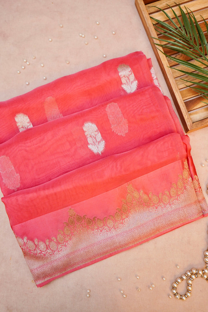 Peach Banarasi Kora Silk Saree with Zari Woven Laheriya Border