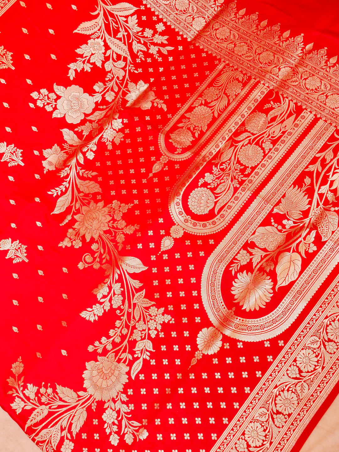 Crimson Red Banarasi Pure Satin Silk Saree with Heavy Zari Work